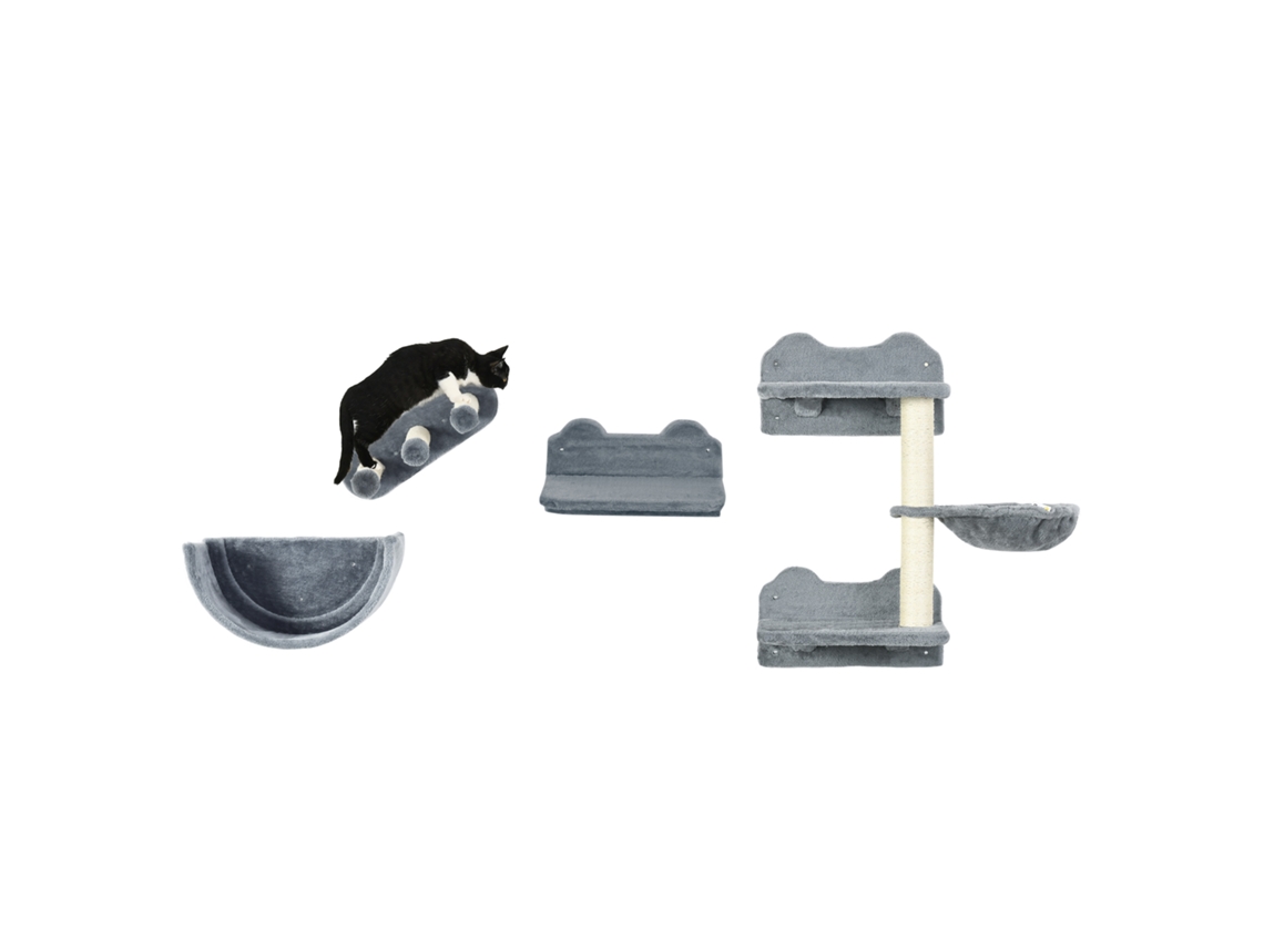 Prateleiras para Gatos 4 peças Cinza com plataforma semicircular, poste sisal e rede S/MARCA