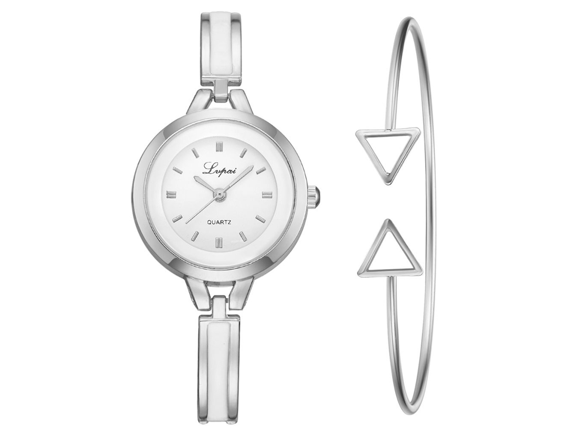 Relógio Feminino de Quartzo com Pulseira de Liga Ajustável Triângulo Prata Branco