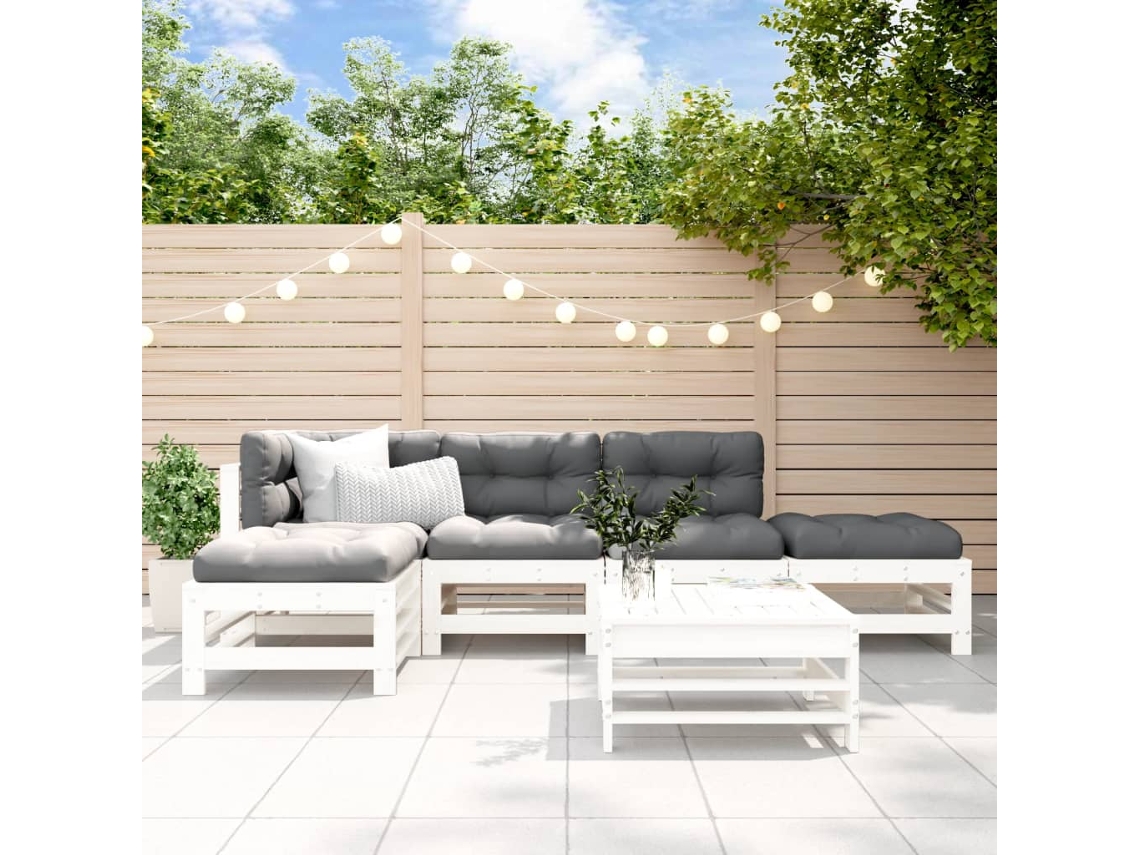 Conjunto Lounge Jardim Pinho Maciço Branco 6 Pcs Dkd Home Decor