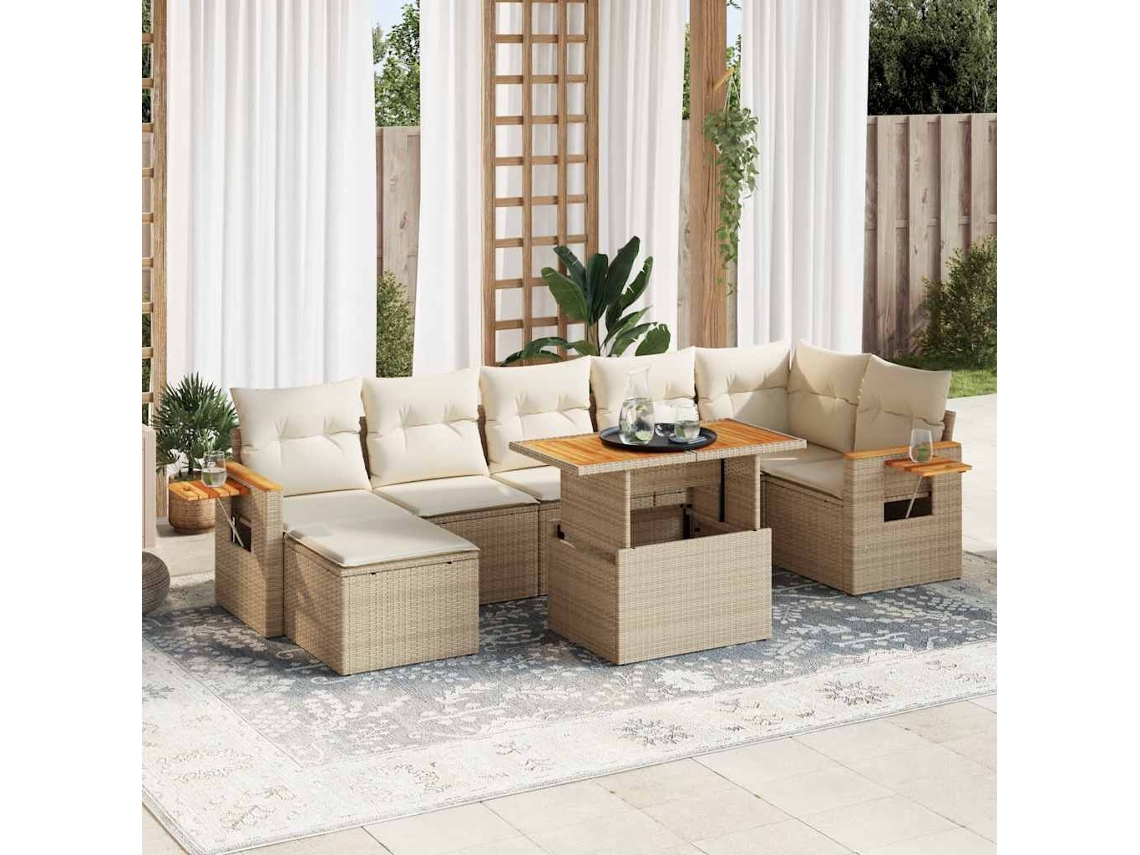 Vidaxl 8 Pcs Conjunto Sofás Jardim Com Almofadões Vime Pe/acácia Bege