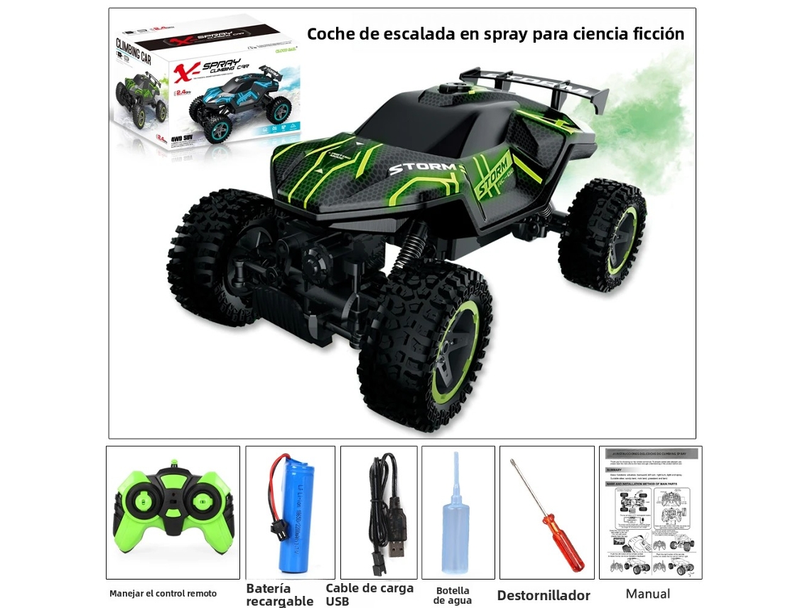 (verde) Carro 4x4 Com Controle Remoto 2.4g, Luzes Legais E Função De Jato De Água, Feito De Metal E Plástico, Inclui Bateria.