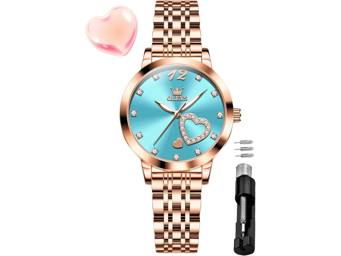 Lurelia Relógio Feminino, Movimento De Quartzo, Luminoso, Couro, Azul, Dourado