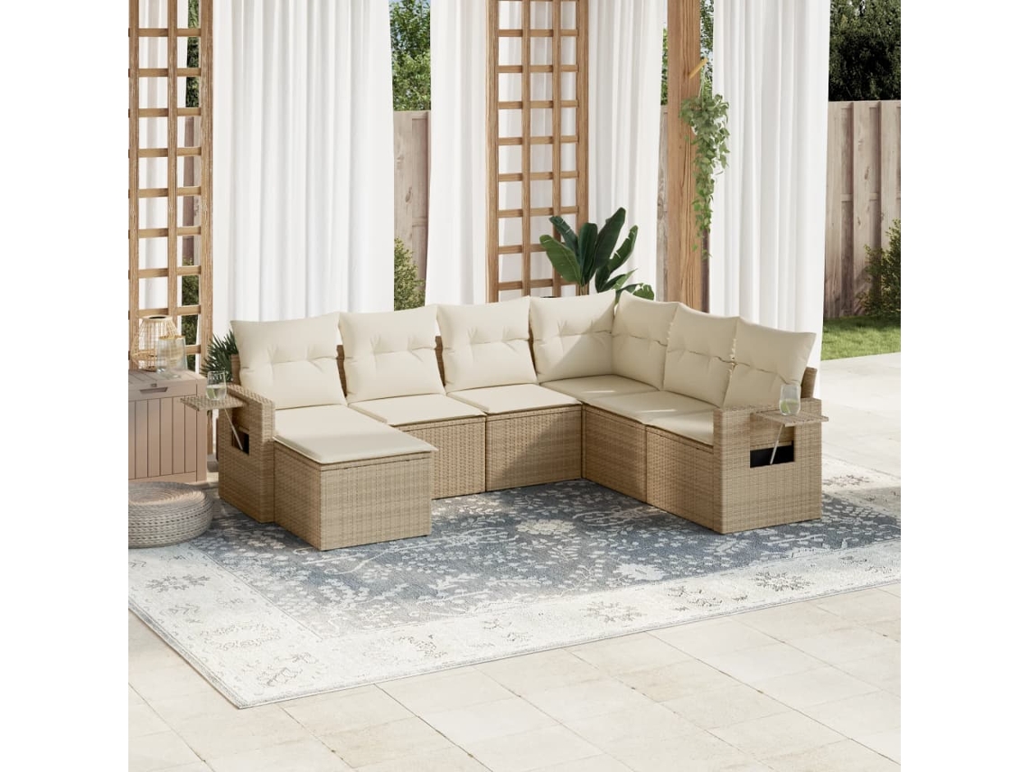 Vidaxl 7 Pcs Conjunto De Sofás P/ Jardim Com Almofadões Vime Pe Bege