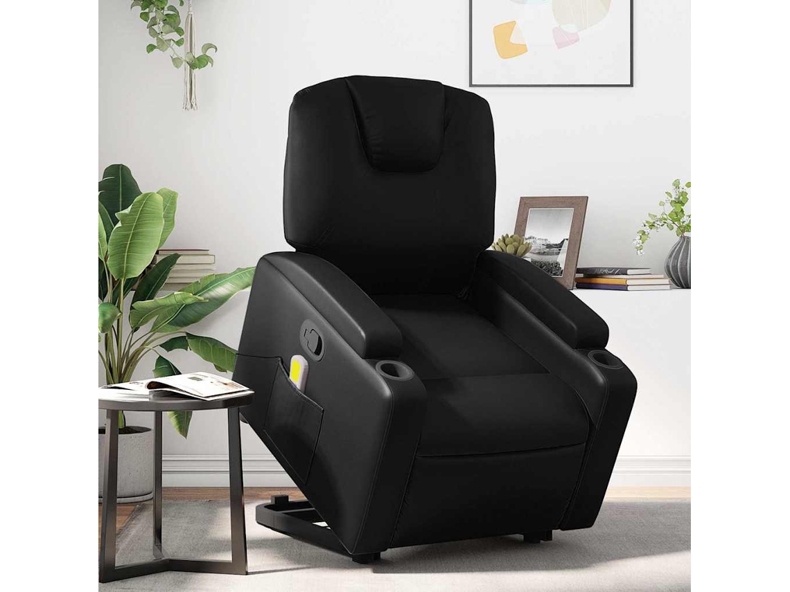 Vidaxl Poltrona Massagens Reclinável Elevatória Couro Artificial Preto