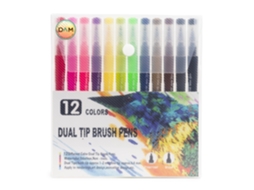 Set 12 Marcadores De Cor De Ponta Dupla, Ponta Fina 0,4 Mm E Ponta Pincel Aquarelável Profissional. Dam
