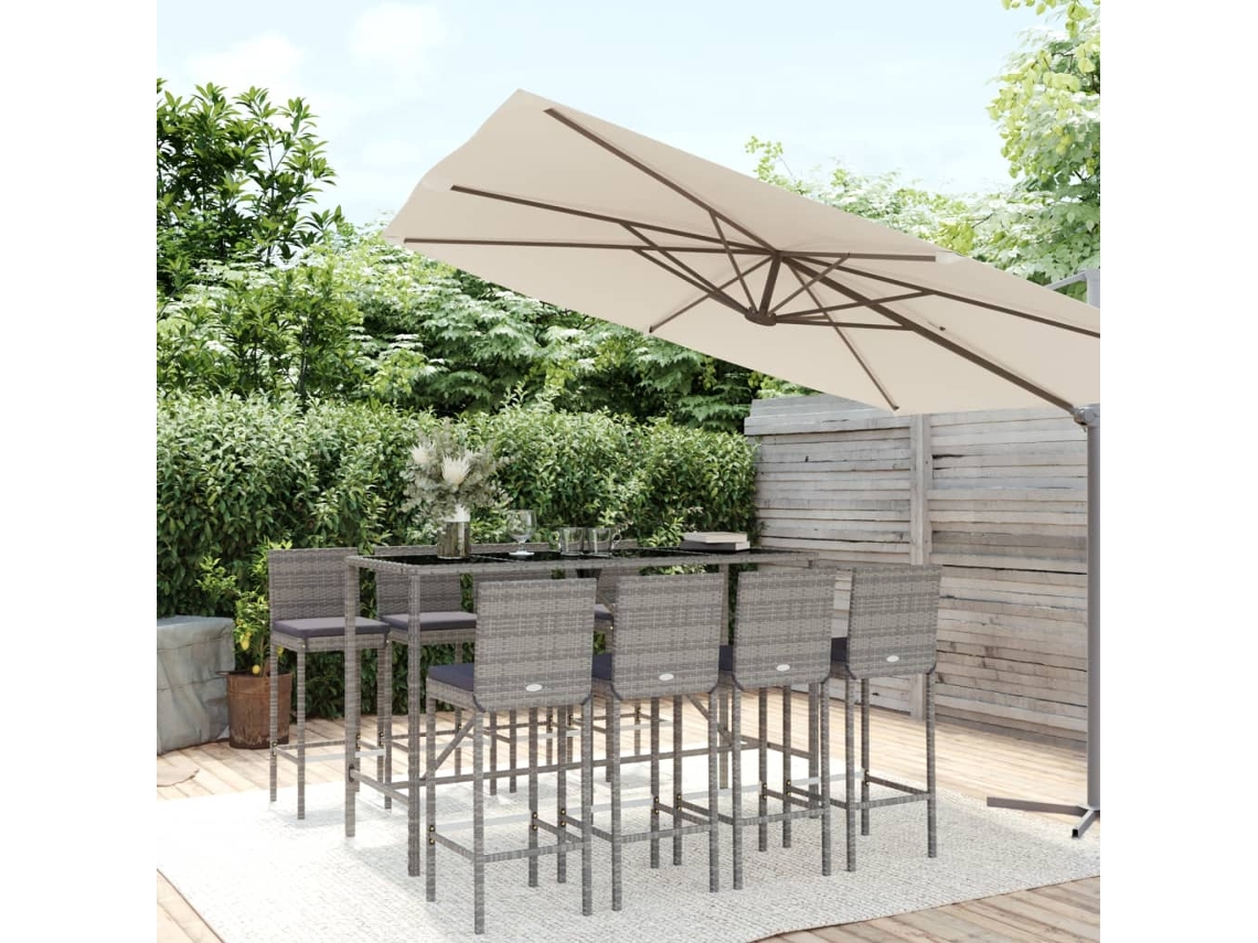 Conjunto Bar 9 Peças P/ Jardim C/ Almofadões Vime Pe Cinzento Dkd Home Decor
