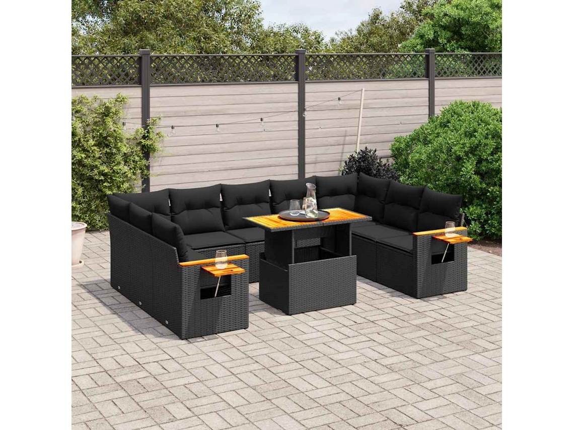 Vidaxl 11 Pcs Conjunto Sofás De Jardim C/ Almofadões Vime Pe Preto