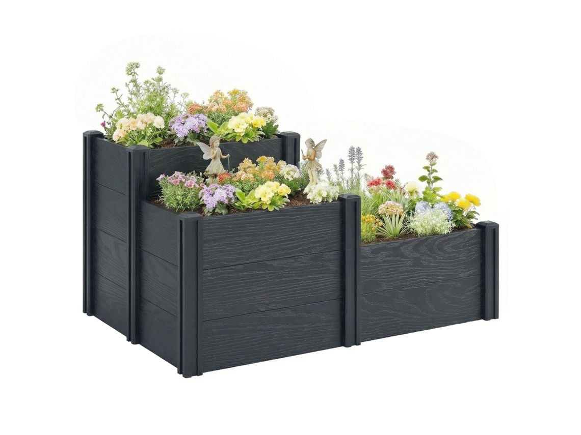 Canteiro Elevado de Jardim, com 3 Níveis e Fundo Aberto, Ideal para Flores e Hortaliças, 120 X 80 X 64 Cm, com Acabamento em Madeira Cinza. CHEZMOI