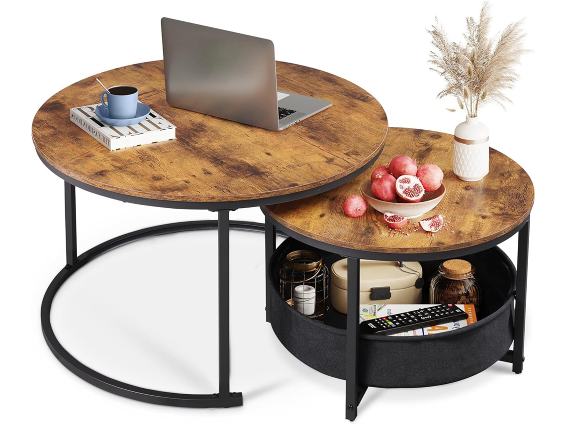Conjunto De 2 Mesas Redondas Wlive Ø80cm E Ø60cm, Arrumação Estrutura Metálica Para Sala, Castanho Rústico