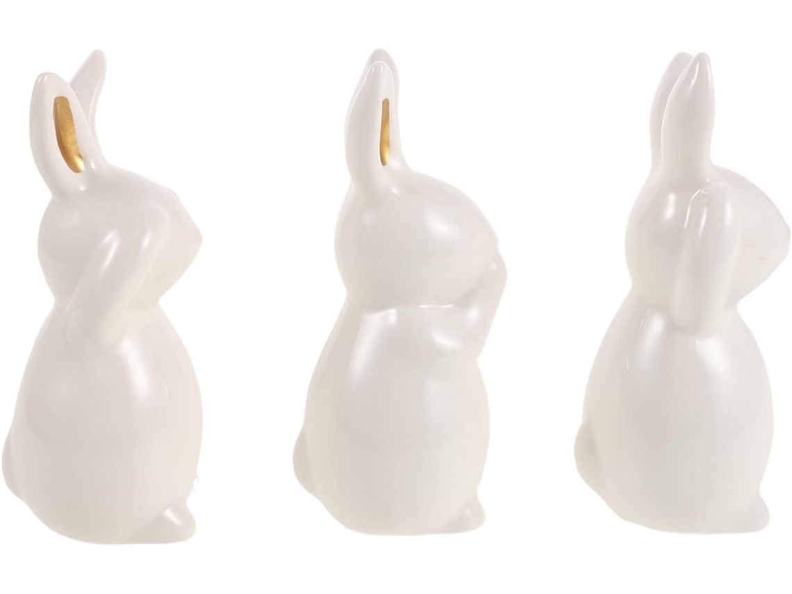 Conjunto 3 Miniaturas Coelhos Cerâmica Branca Elegantes Resistentes Riscos Perfeitas Decoração Mesas Primavera GOKOCO