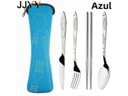 Conjunto de Talheres Portáteis de Aço Inoxidável com Padrão em Relevo e Bolsa para Viagem. MDUG (azul, 4 Peças)