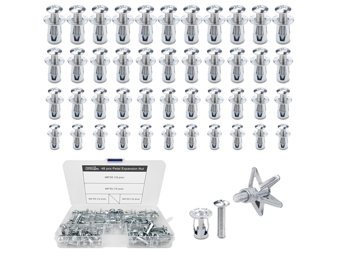 Conjunto de 48 buchas para parede oca, porca de pétala, parafuso de expansão de pétala, parafuso de expansão de metal, para cavidade, kit de buchas para parede