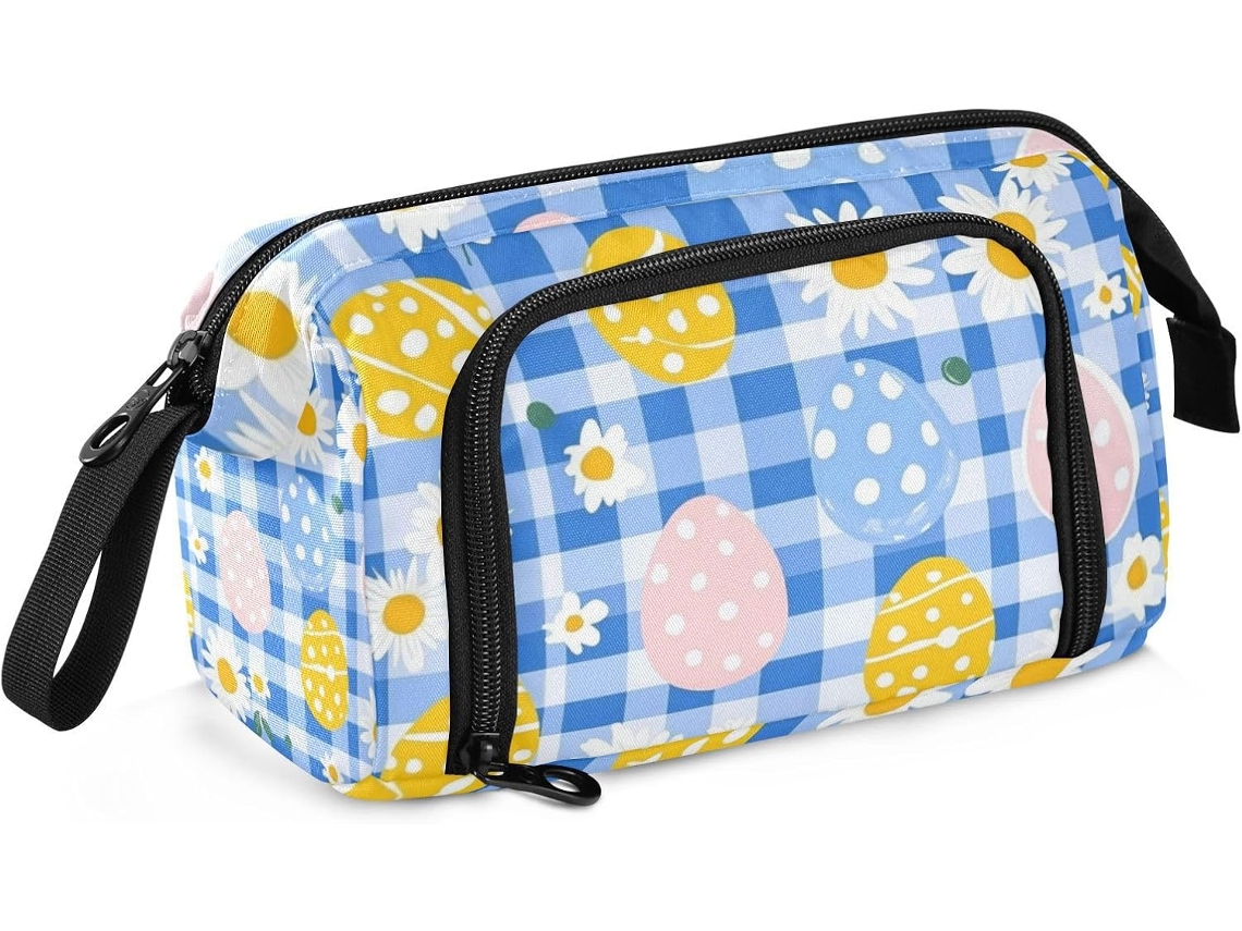 Estojo Grande com Compartimento para Lápis, Ideal Adolescentes, Estampa de Margaridas Brancas. 24 X 9,5 15 Cm