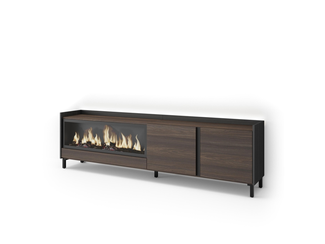 Móvel De Tv, 212x35x61cm, Para Televisores Até 80", Lareira Eléctrica Xxl, Design Industrial, Led, Carvalho Escuro E Preto