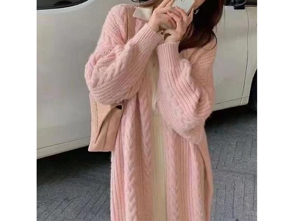 Cardigã de Malha Waffle Feminino Gola V Manga Longa Casual Inverno Outono Branco Cinza Escuro Rosado