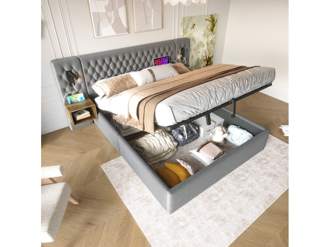 Cama 160x200 Cm Armazenamento Mesa Cabeceira Luz Usb Cinza Quarto