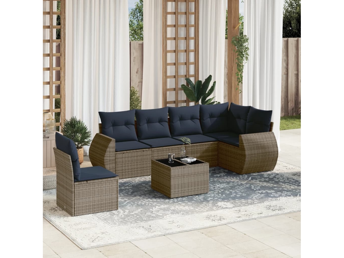 Vidaxl Conjunto De Sofá De Jardim Com 7 Peças E Almofadas Em Rattan Sintético Cinza