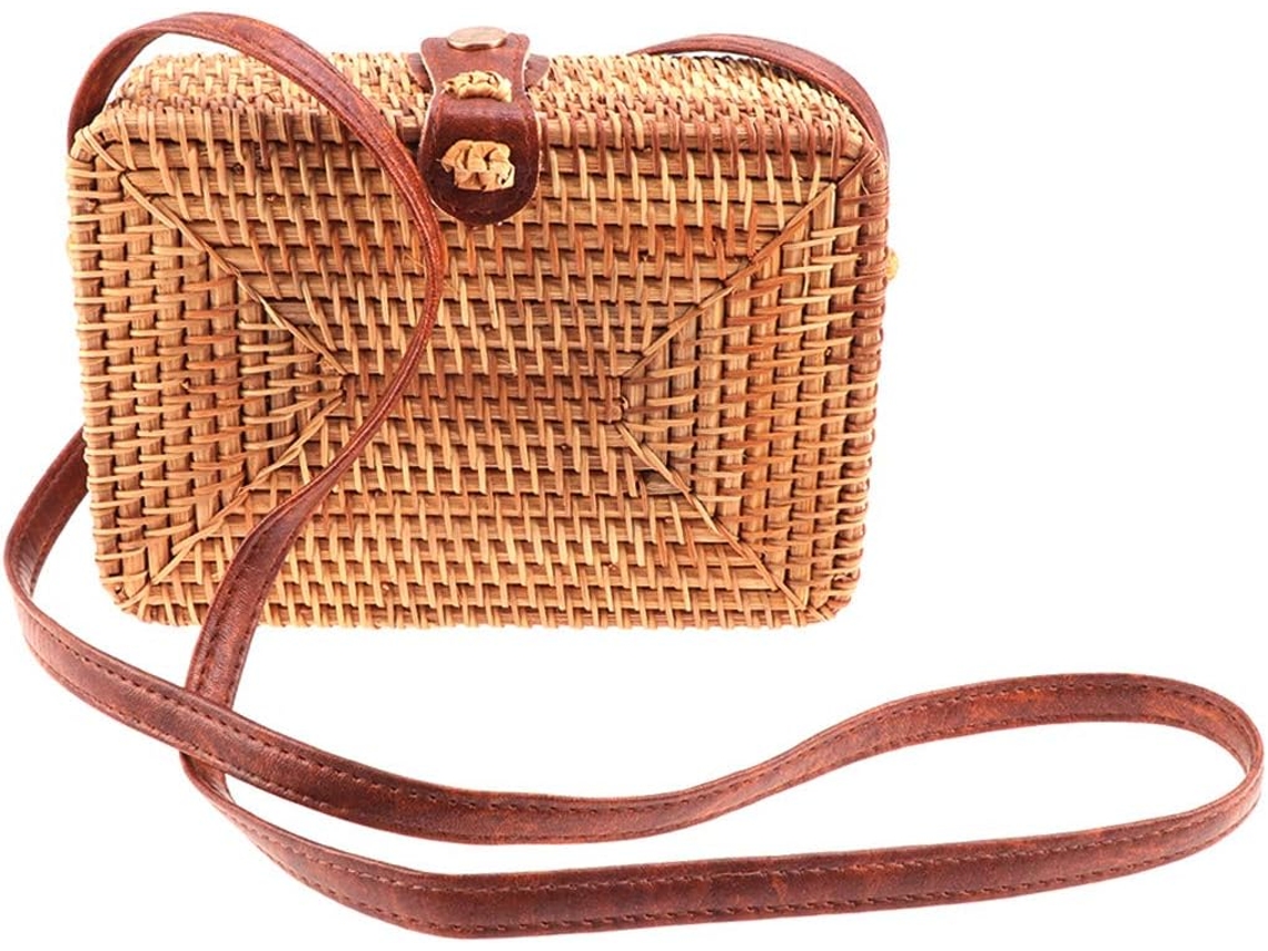 Bolsa Feminina Quadrada De Rattan Com Parte Traseira Arredondada, Feita À Mão Em Palha, Bolsa De Ombro Casual, Mini Bolsa De Praia Para Viagens