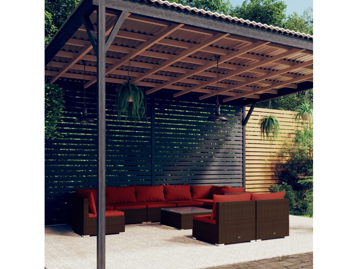 Vidaxl 10 Pcs Conjunto Lounge De Jardim C/ Almofadões Vime Pe Castanho