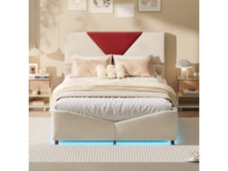 Cama De Casal Moderna, 140 X 200 Cm, Cama Estofada Com Led, Estrutura De Ripas, Tecido De Veludo, Bege, Sem Colchão