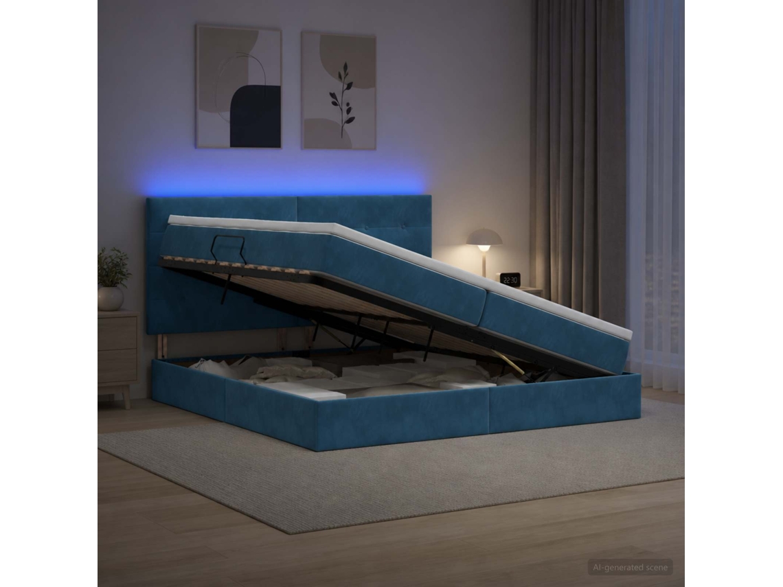 Vidaxl Cama De Armazenamento Led Com Colchão Azul Escuro 200 X 200 Cm