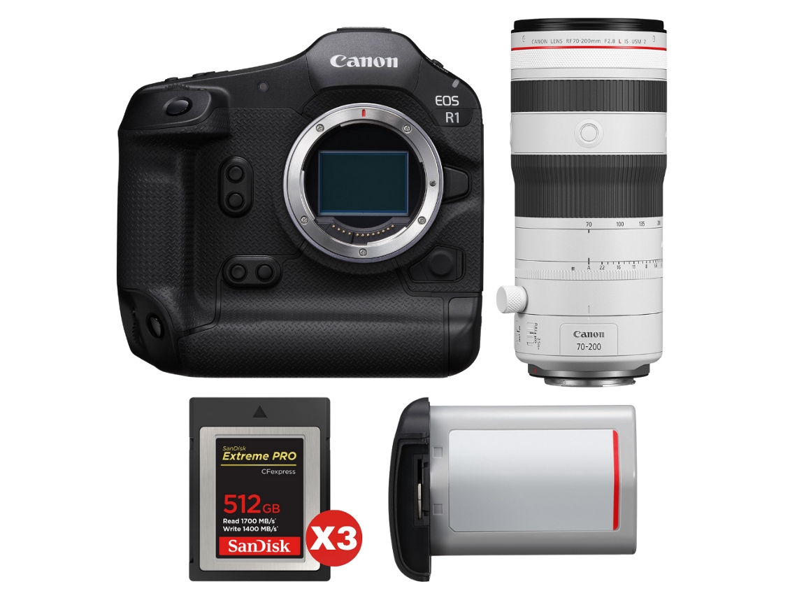 Eos R1 + Rf 70 200mm F/2.8 L Is Usm Z Branco + 3 Sandisk 512gb Extreme Pro Cfexpress Type B + Canon Lp e19 + Ebook Pricedirect CANON