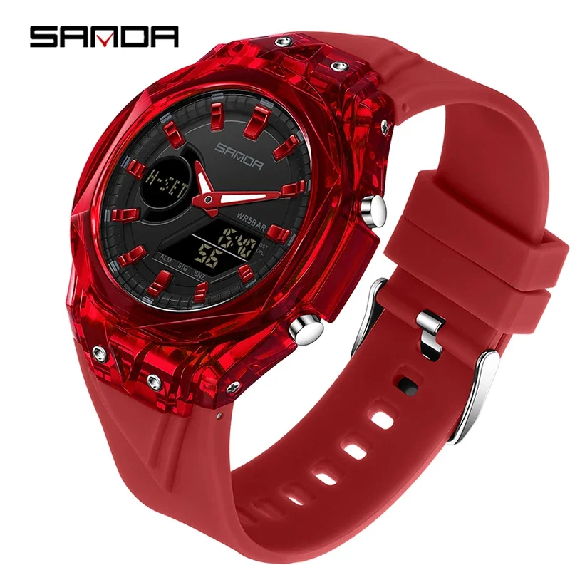 Relógio Eletrônico MDUG Masculino Elegante com Movimento de Quartzo, Visor Duplo, Despertador Luminoso, Esportivo e À Prova D'água (vermelho)