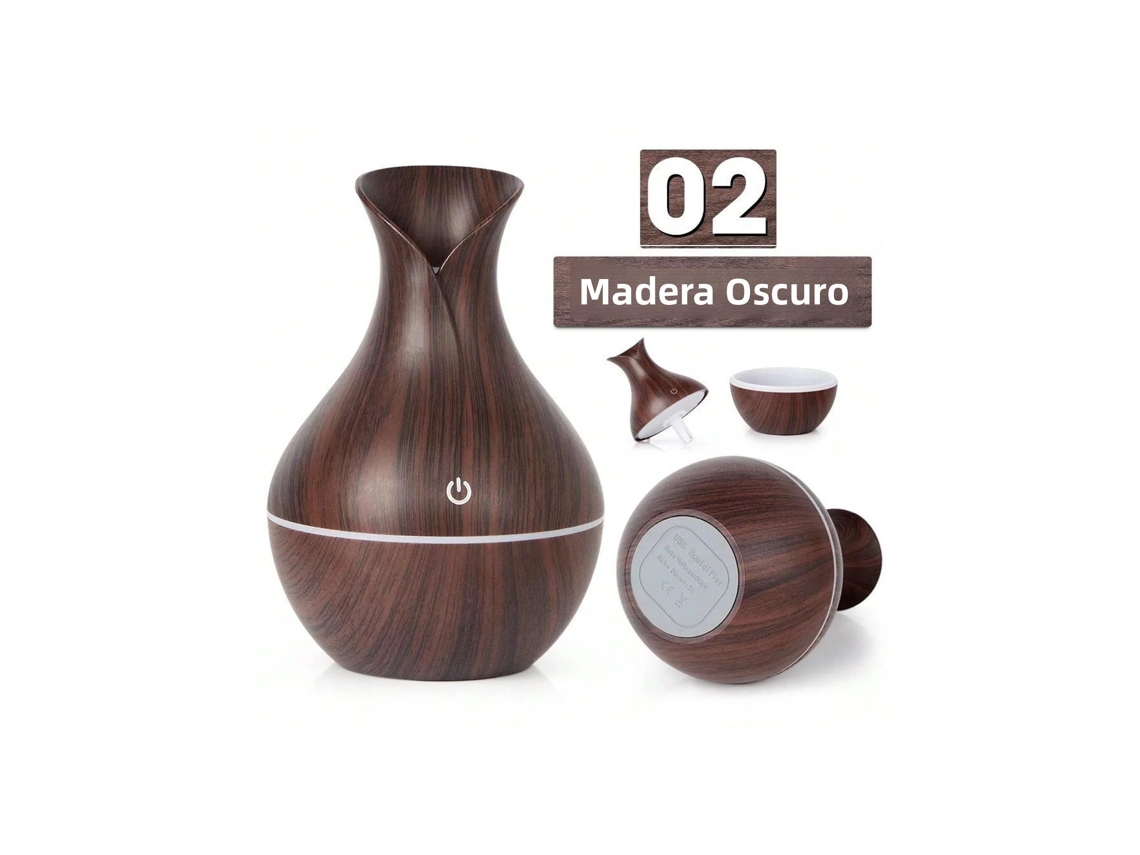 Umidificador de mesa USB 200ml, difusor de óleos essenciais, luz colorida, acabamento em madeira escura | MDUG
