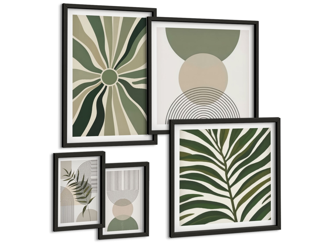 Pinturas Murais Modernas Formas Abstratas Em Marrom Moldura Preta Fotos Para O Escritório Espelharte (conjunto De 5 Imagens)
