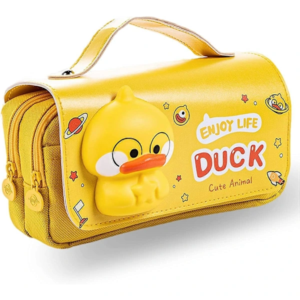 Estojo para Lápis, 3 Compartimentos, Grande, Portátil, com Alça, Lona, Amarelo, Kawaii AQUAFORGE