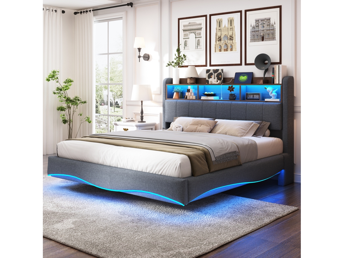 Cama Suspensa Linho 160x200 Led Usb c Cinza