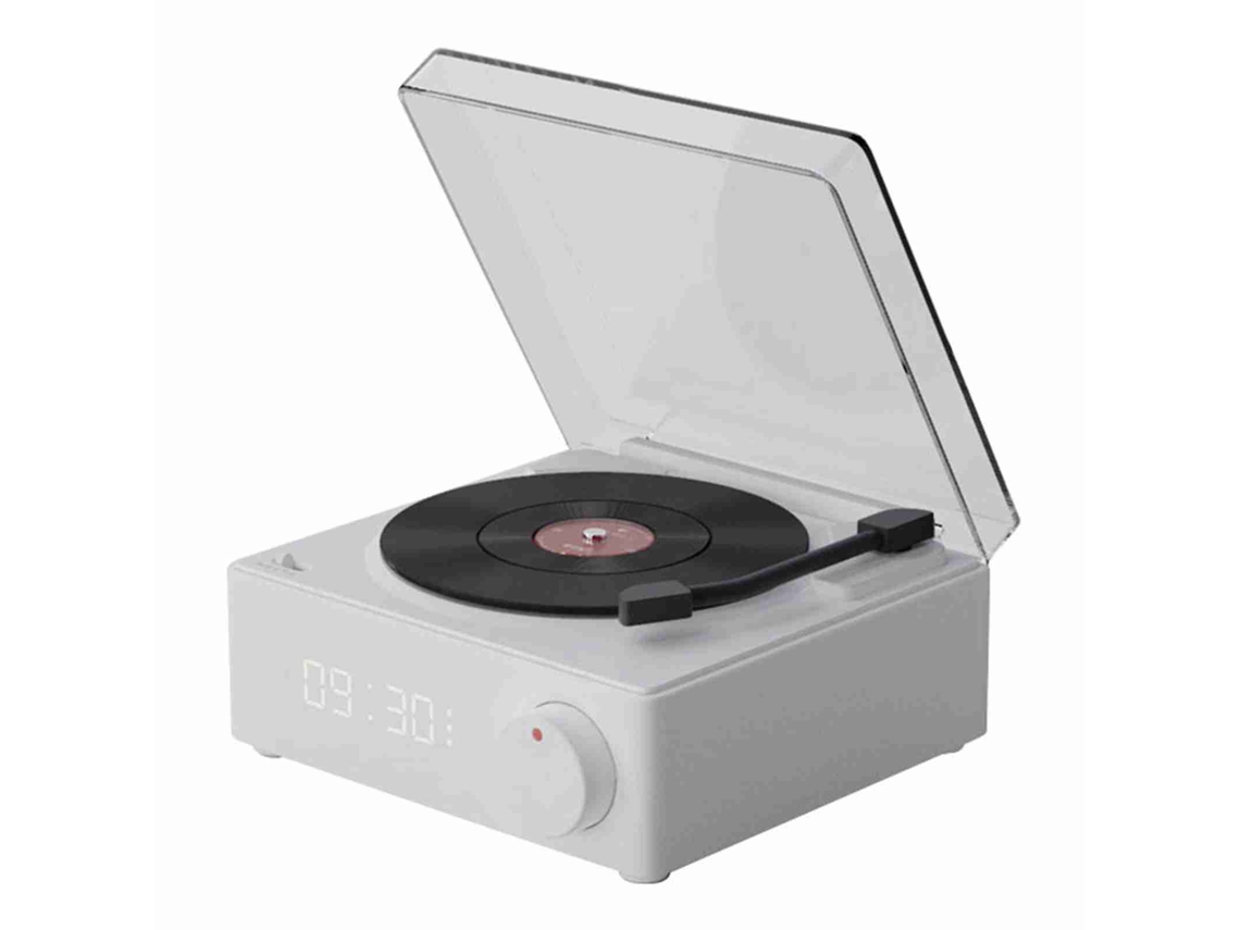 Aetheria relógio Despertador Alto falante Bluetooth com Disco de Vinil Giratório Hifi Branco