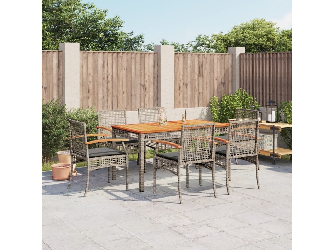 7 Pcs Jogo De Jantar P/ Jardim C/ Almofadões Vime Pe Cinza Dkd Home Decor