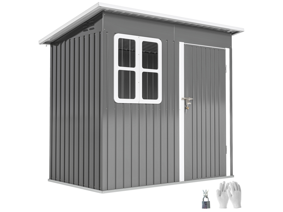 Casinha De Jardim Com Janela E Porta Com Fechadura, Ideal Para Jardim Ou Terraço, Em Aço, Com Dimensões De 221x 133 X 190 Cm, Na Cor Cinza.