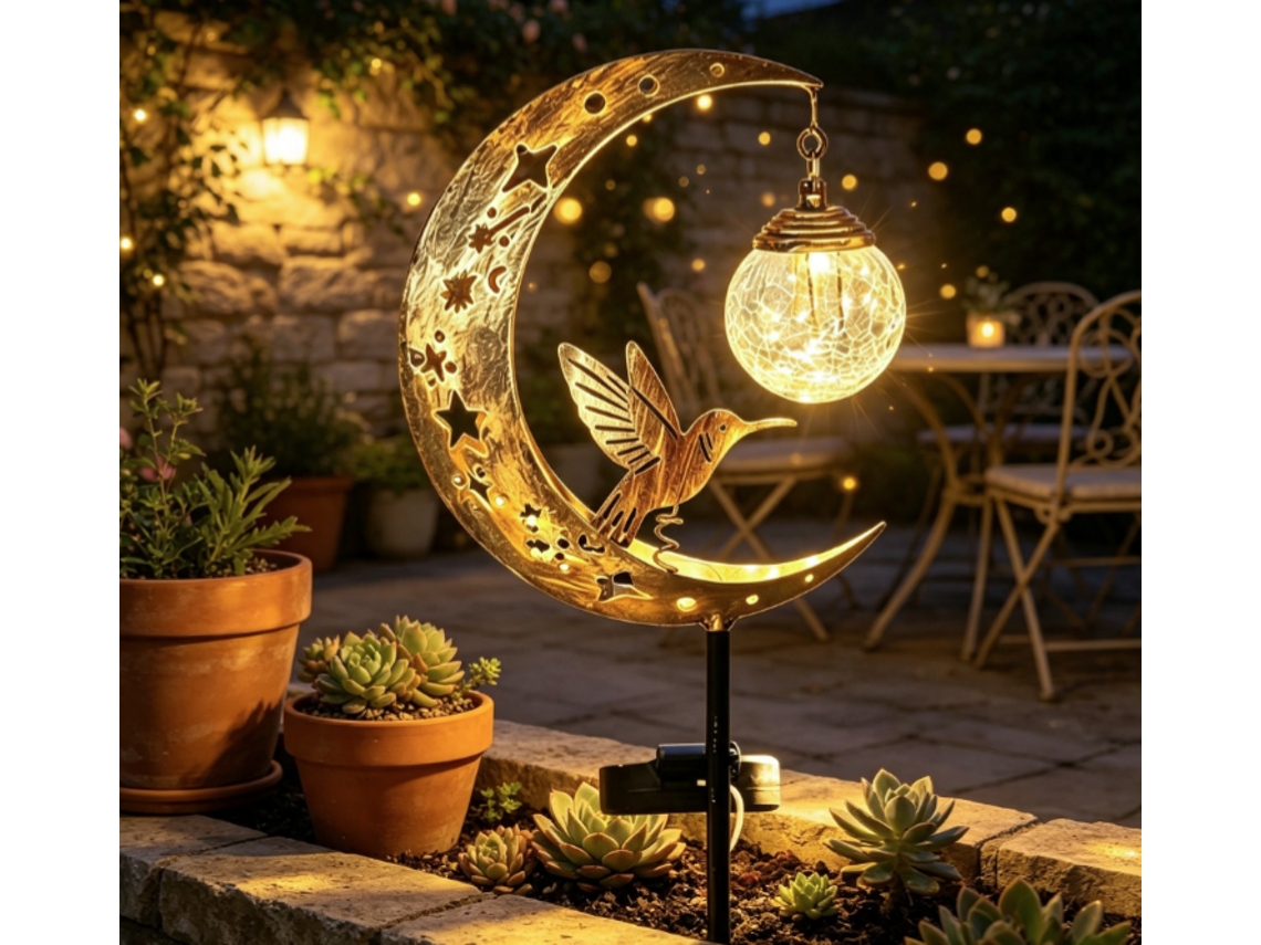 Luminária Solar De Jardim Em Formato De Lua E Beija-flor, Luminária De Chão Com Globo De Vidro Craquelado Para Uso Externo.