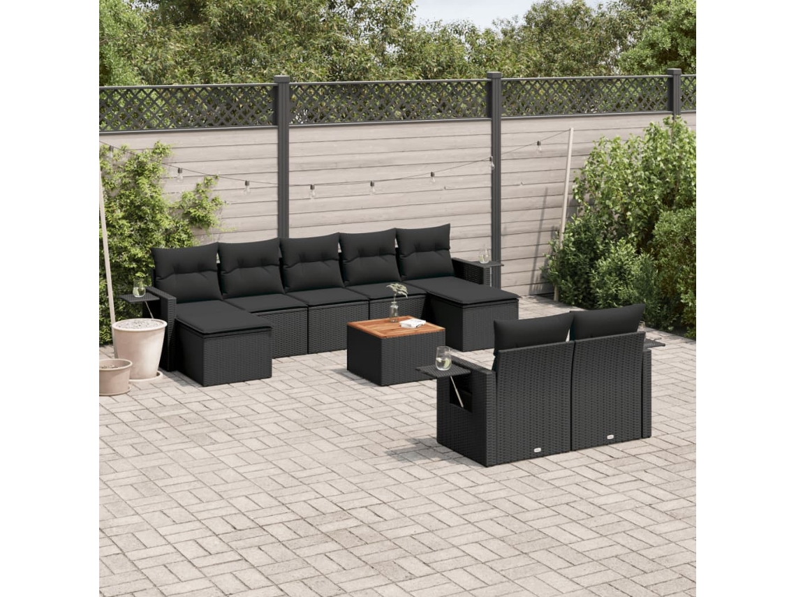 Vidaxl 10 Pcs Conjunto Sofás De Jardim C/ Almofadões Vime Pe Preto