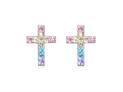 Brincos em Prata de Lei S925, Estilo Europeu e Americano, Brincos Pequenos de Cruz para Mulheres MDUG (diamantes Coloridos)