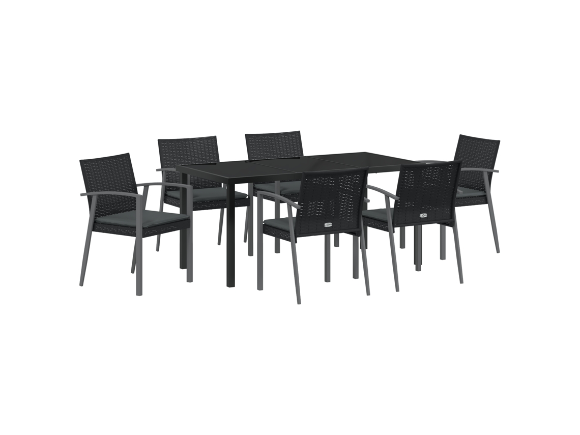 Conjunto 7 De Jantar De Jardim De Vidaxl Com Almofadas Em Rattan Preto