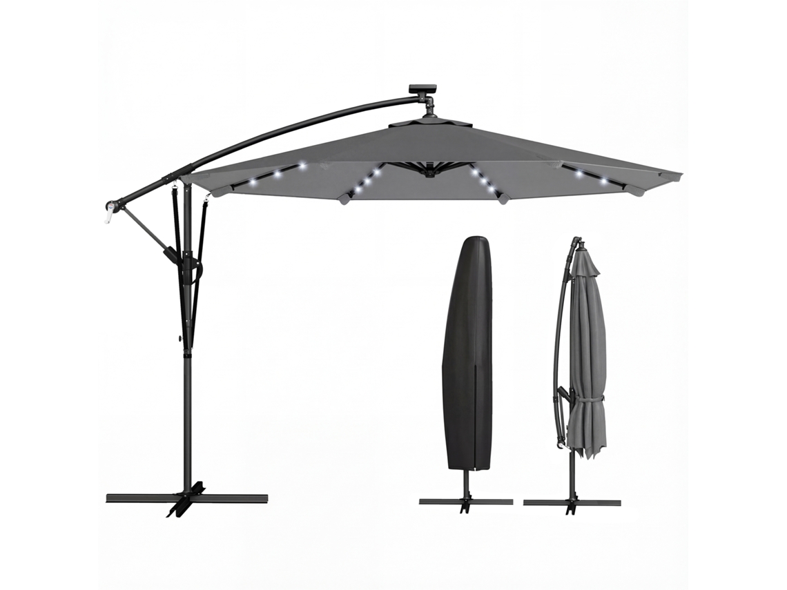 Parasol Solar de Jardim com 32 lâmpadas LED manivela UV 50+ Ø 295cm Cinza | S/MARCA