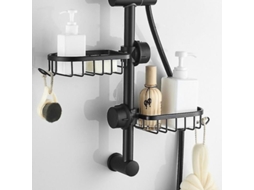 Prateleira telescópica de aço inoxidável preto para chuveiro, sem necessidade de furar, porta-sabonete para banheiro e cozinha, suporte estável.