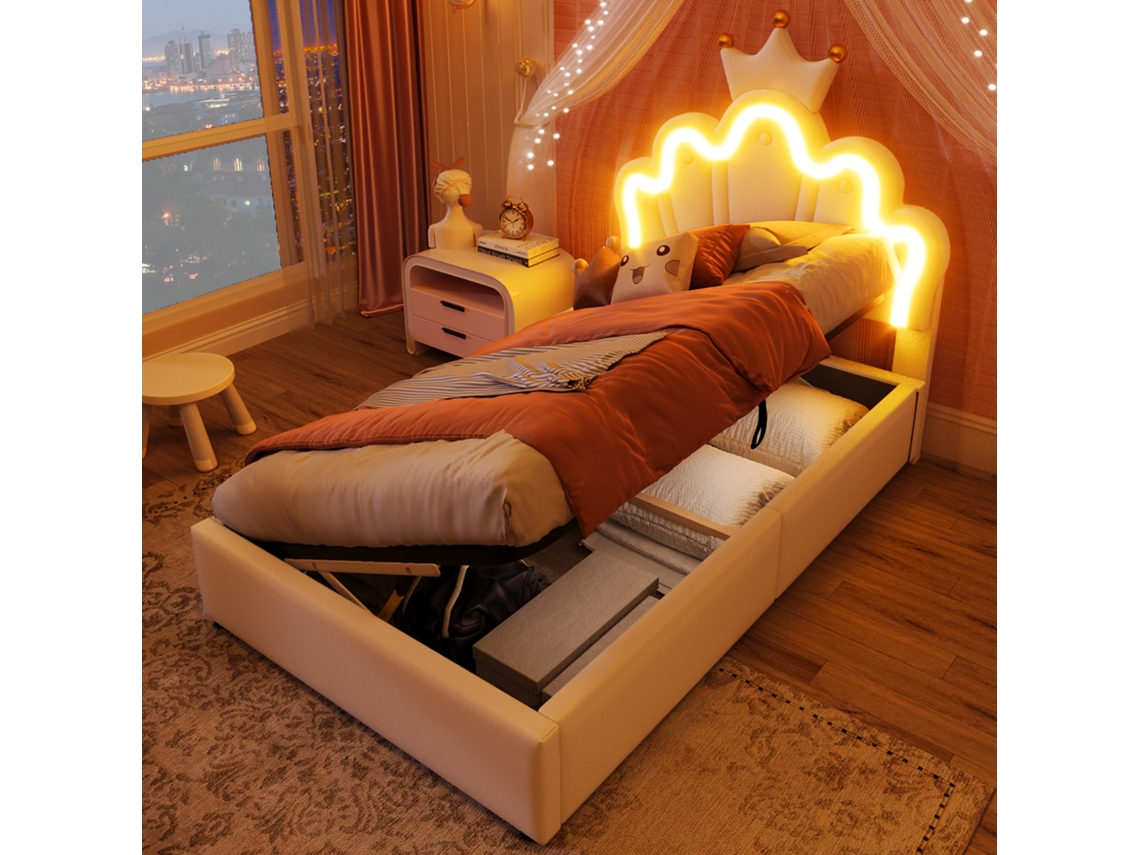 Cama Princesa 90x200 Com Led E Baú Hidráulico