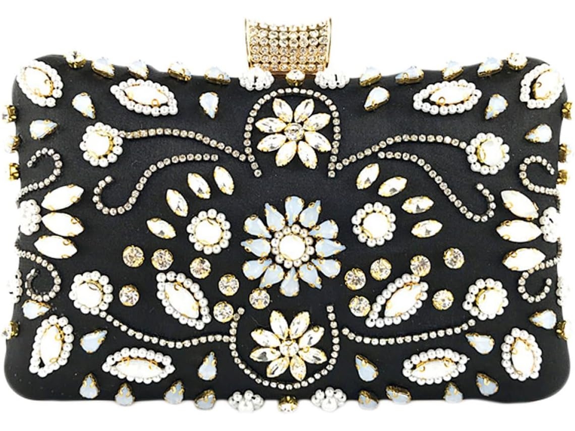 Clutch Com Strass E Pérolas Para Mulheres Elegantes, Bolsa De Noite Em Poliéster Preto Com Compartimentos Para Guardar Objetos.