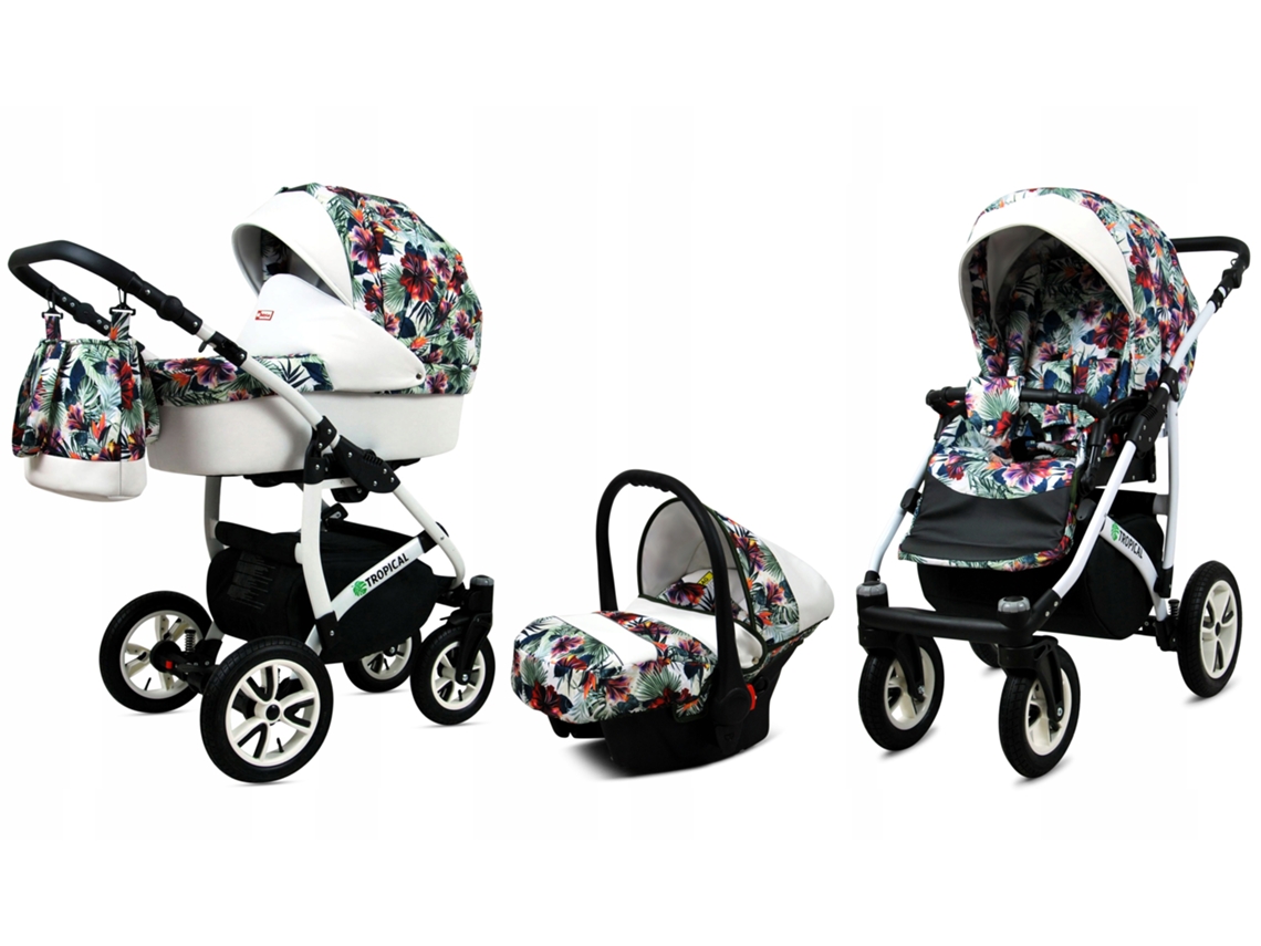 Carrinho De Bebé Multifuncional Babylux Tropical 3 Em 1 -chili Flowers - Ajustável E Dobrável Construção Leve Em Alumínio - Acessórios