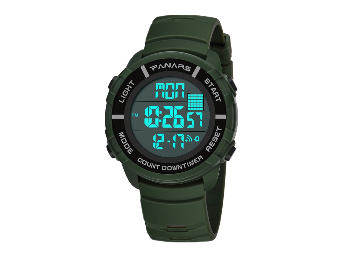 Relógio esportivo eletrônico masculino Panars, à prova d'água, com luz noturna, verde militar.