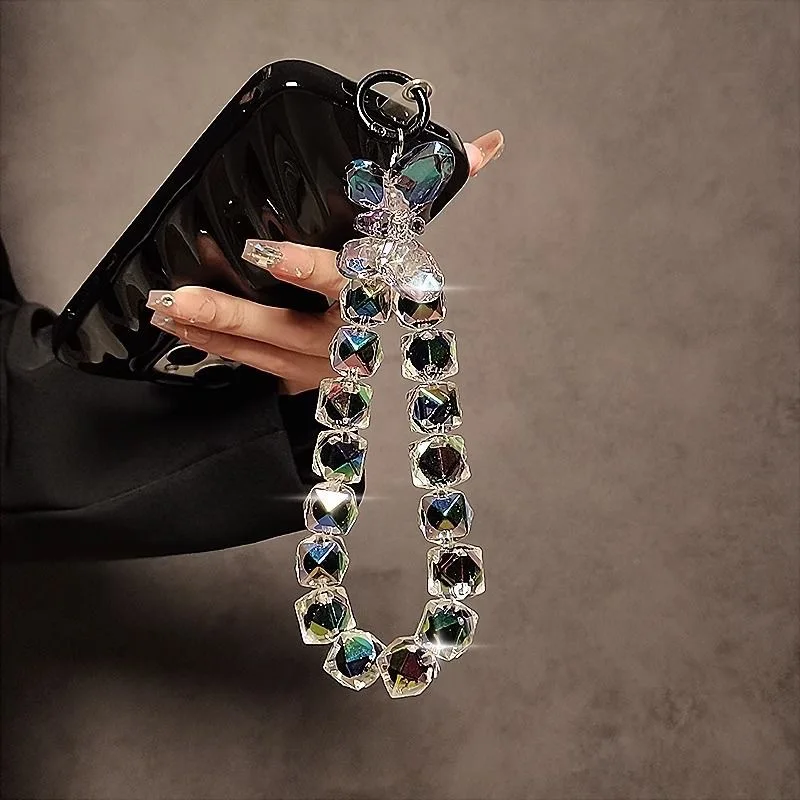 Pulseira Diy Com Pingente De Borboleta Em Acrílico Brilhante E Cristal, Alça De Pulso Para Celular, Cordão Para Celular E Chaveiro.