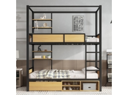 Cama Beliche 90x200 Cm Com Prateleira Com 1 Gaveta E Compartimento De Arrumação Metal Mdf Preto Natural Estilo