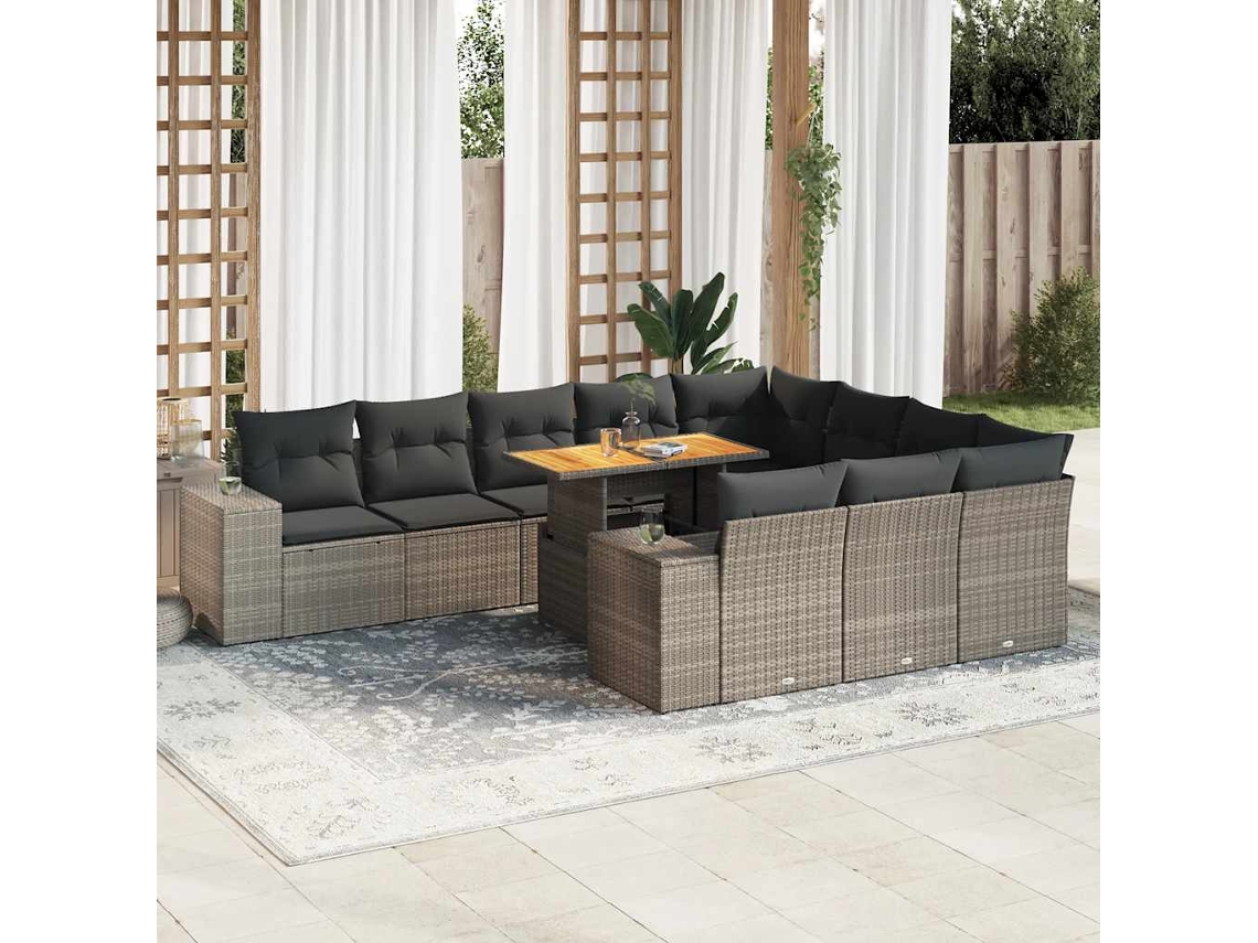 Vidaxl 10 Pcs Conjunto Sofás Jardim Almofadões Vime Pe/acácia Cinzento