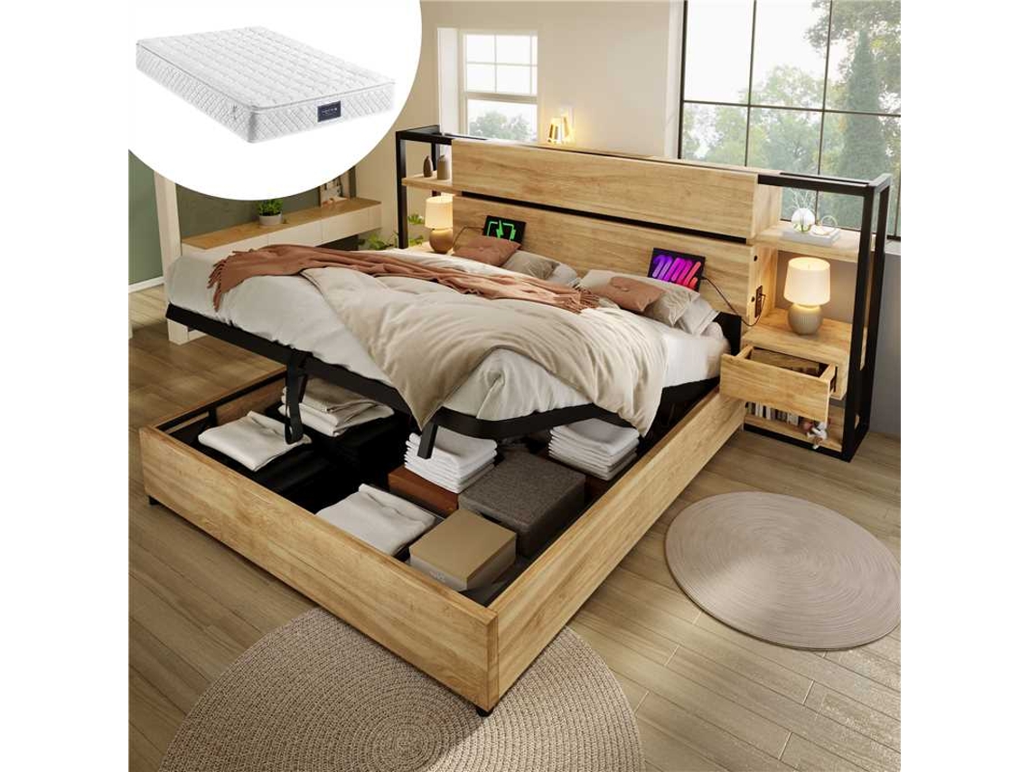 Cama Em Madeira 160x200 Cm - Cama Hidráulica Com Arrumação, Cabeceira Com Gavetas, Carvalho (com Colchão)