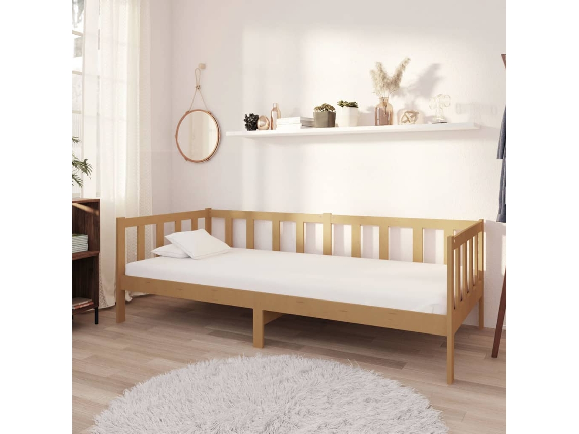 Sofá cama con colchón de 90x200 cm en pino macizo, marrón miel