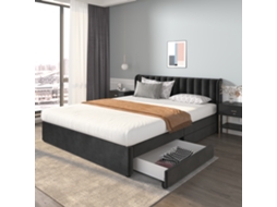 Cama Casal Veludo Preto 180x200 Cm, Elegante, Estrado De Ripas, 2 Gavetas